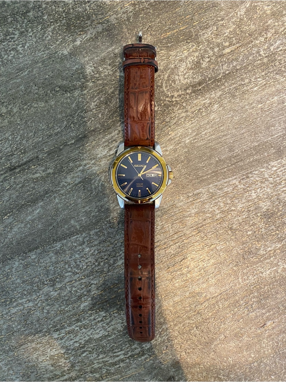 SIEKHO SOLAR SILVER/ GOLD BLUE FACE/BROWN STRAP WATCH SNE102 COMES WITH BOX